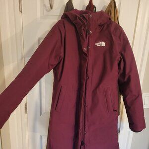 Fuschia North Face down coat with removeable fur ruff on hood